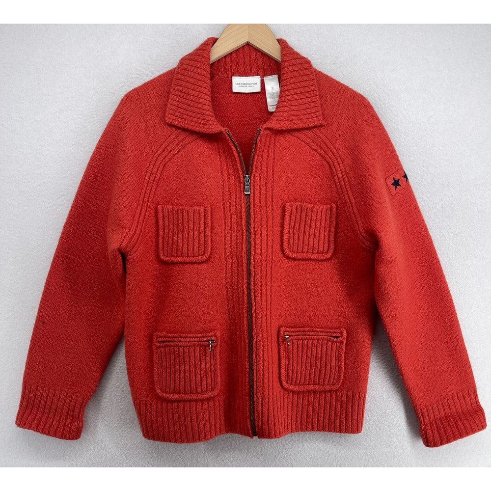 LIZ CLAIBORNE Sweater M Boiled Wool Utility Cardigan Jacket Star Patch Red